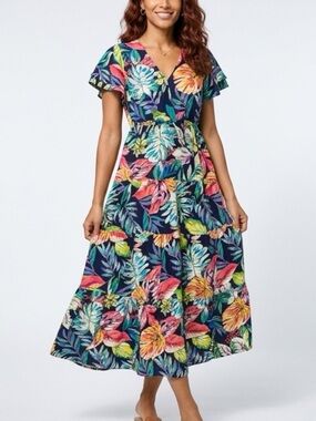Umgee Navy Floral Tee-Sleeve Maxi Dress with Multicolor Leaves
